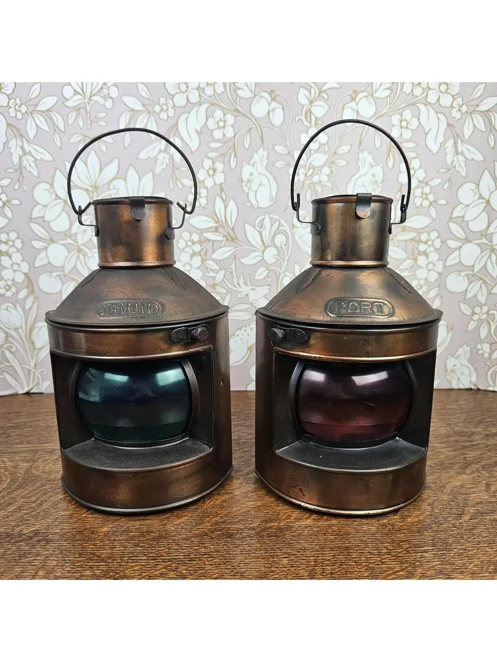 Vtg Nautical Port Starboard Oil Lanterns Brass Tone Navigation Red Green Glass